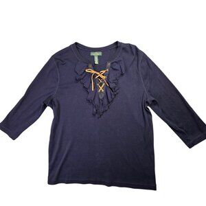 LRL Ralph Lauren Jeans Shirt Womens 1X Actual L Navy Lace Up Ruffle Top Boho